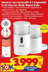 NEUTRON SES KONTROLLÜ 4 L KAPASİTELİ EVCİL HAYVAN AKILLI MAMA KABI